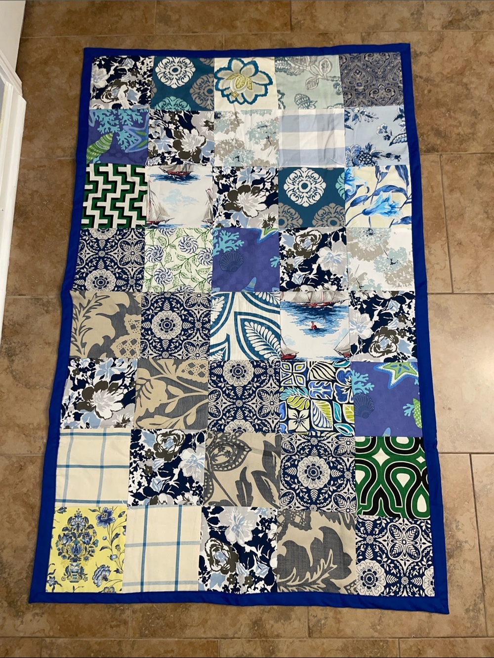 Patchwork Quilted Throw Blanket - Blue & Green 65x41 Wall Hanging Handmade